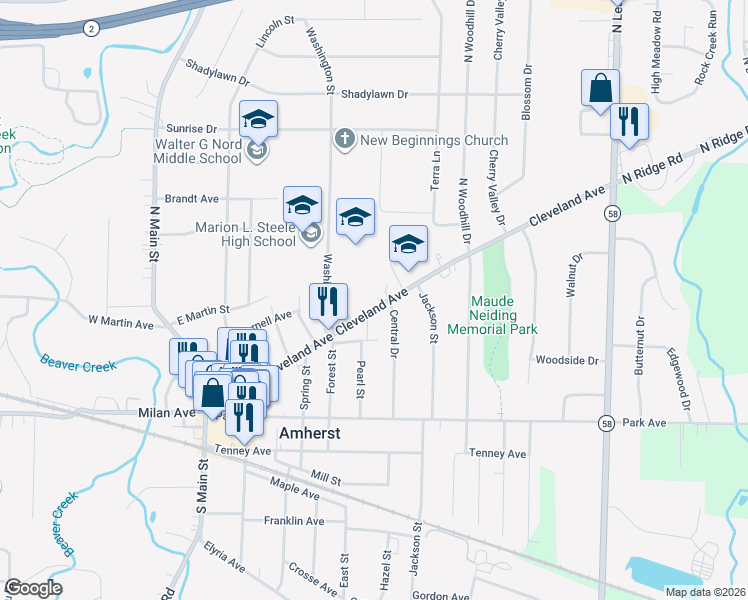 map of restaurants, bars, coffee shops, grocery stores, and more near 120 Central Drive in Amherst