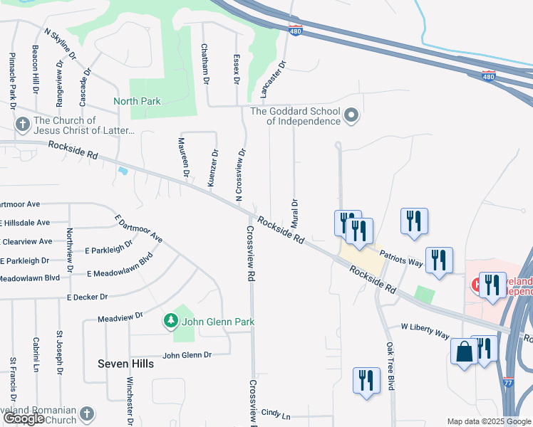 map of restaurants, bars, coffee shops, grocery stores, and more near 5947 Rockside Road in Seven Hills