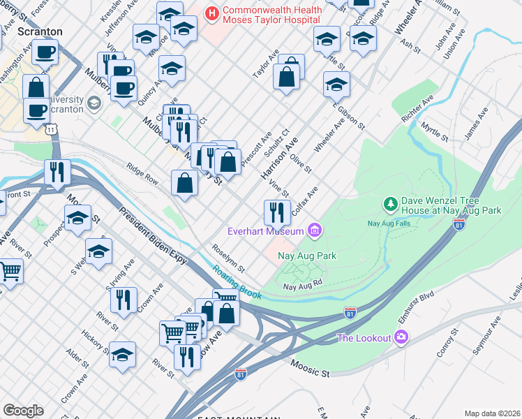 map of restaurants, bars, coffee shops, grocery stores, and more near 329 Wheeler Avenue in Scranton