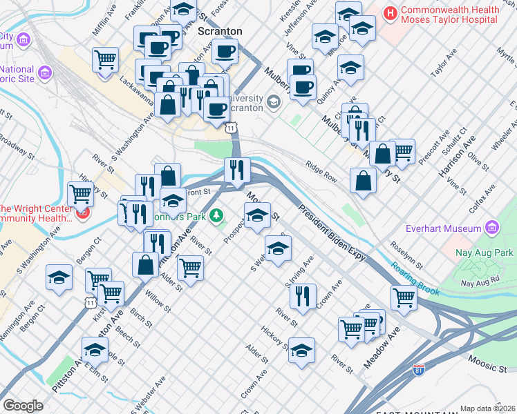map of restaurants, bars, coffee shops, grocery stores, and more near 103 Prospect Avenue in Scranton