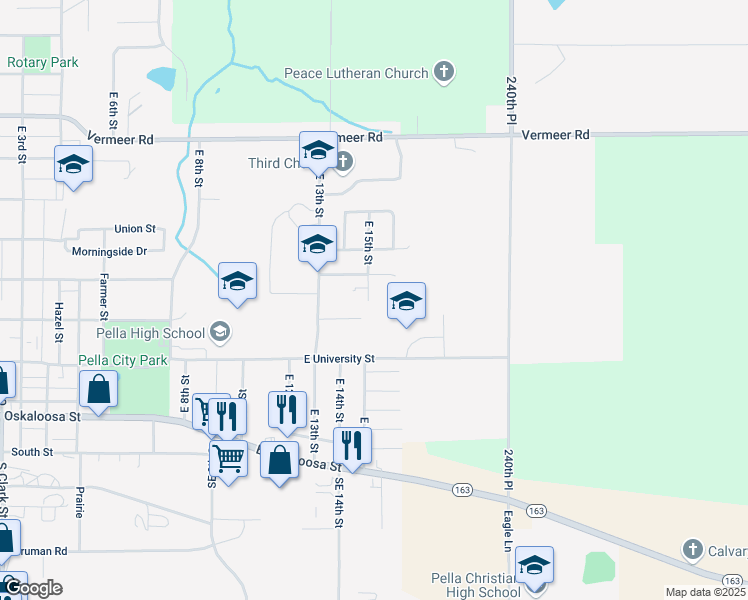 map of restaurants, bars, coffee shops, grocery stores, and more near 406 East 15th Street in Pella