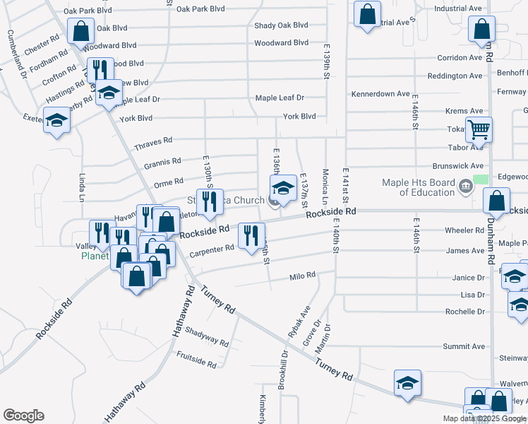 map of restaurants, bars, coffee shops, grocery stores, and more near 6039 East 135th Street in Garfield Heights