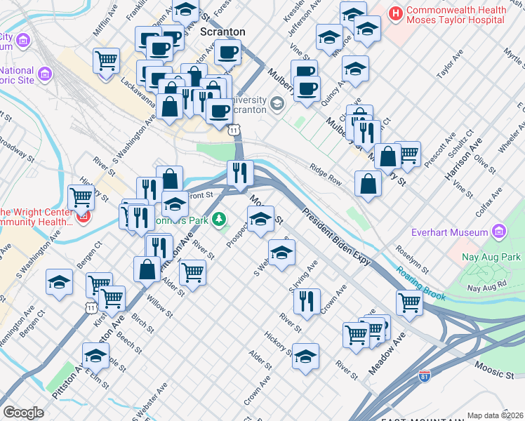 map of restaurants, bars, coffee shops, grocery stores, and more near 101 Prospect Avenue in Scranton