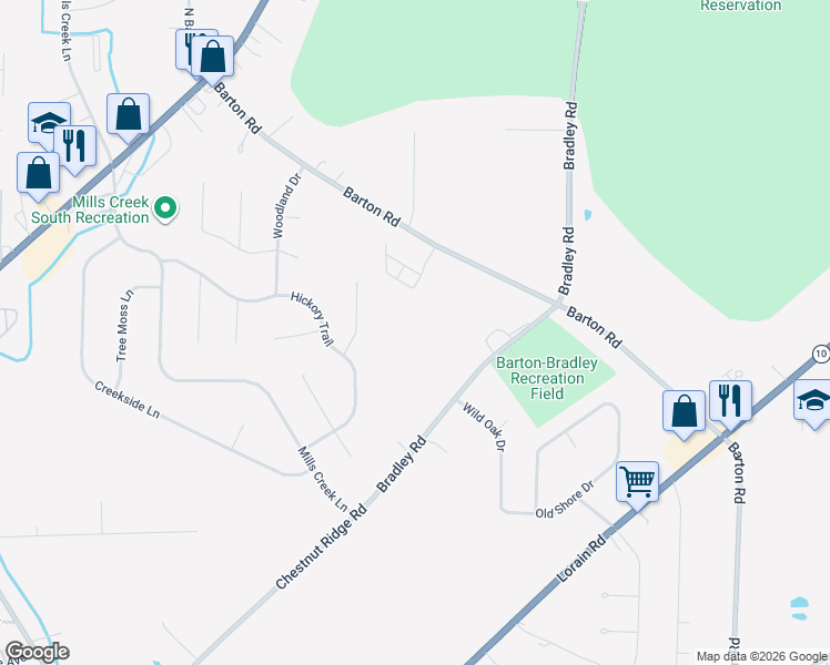 map of restaurants, bars, coffee shops, grocery stores, and more near 30898 Bradley Road in North Olmsted