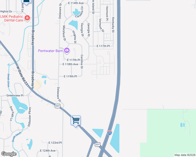 map of restaurants, bars, coffee shops, grocery stores, and more near 11919 Delaware Street in Crown Point