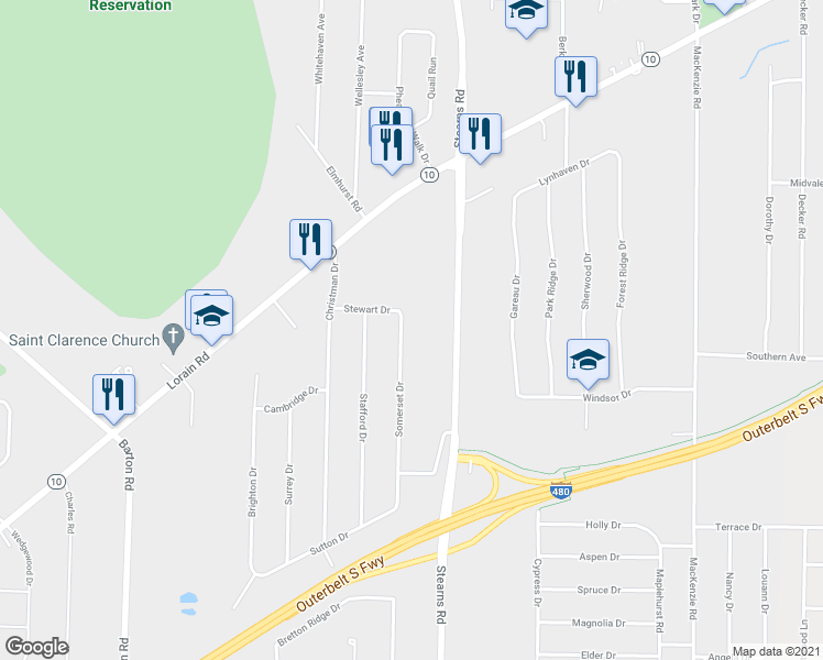 map of restaurants, bars, coffee shops, grocery stores, and more near 6061 Somerset Drive in North Olmsted