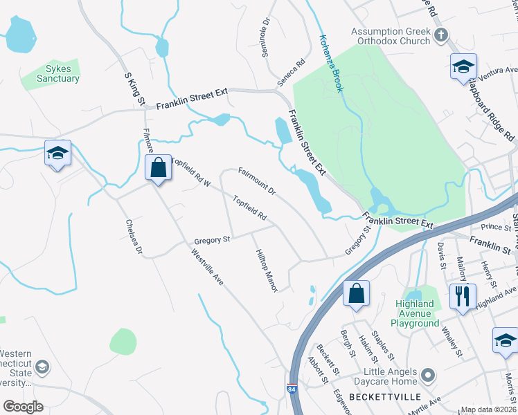 map of restaurants, bars, coffee shops, grocery stores, and more near 2 Topfield Road in Danbury