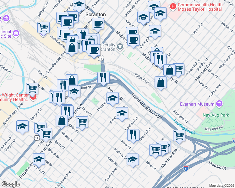map of restaurants, bars, coffee shops, grocery stores, and more near 121 Donnelly Court in Scranton
