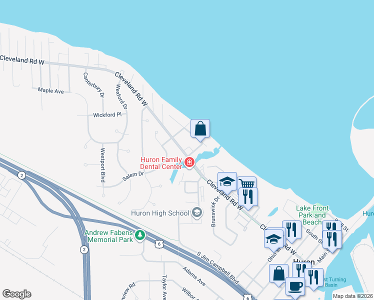 map of restaurants, bars, coffee shops, grocery stores, and more near 63 Cleveland Road East in Huron