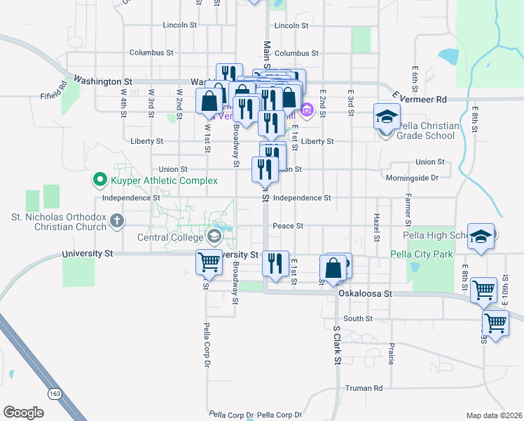 map of restaurants, bars, coffee shops, grocery stores, and more near 710 Peace Street in Pella