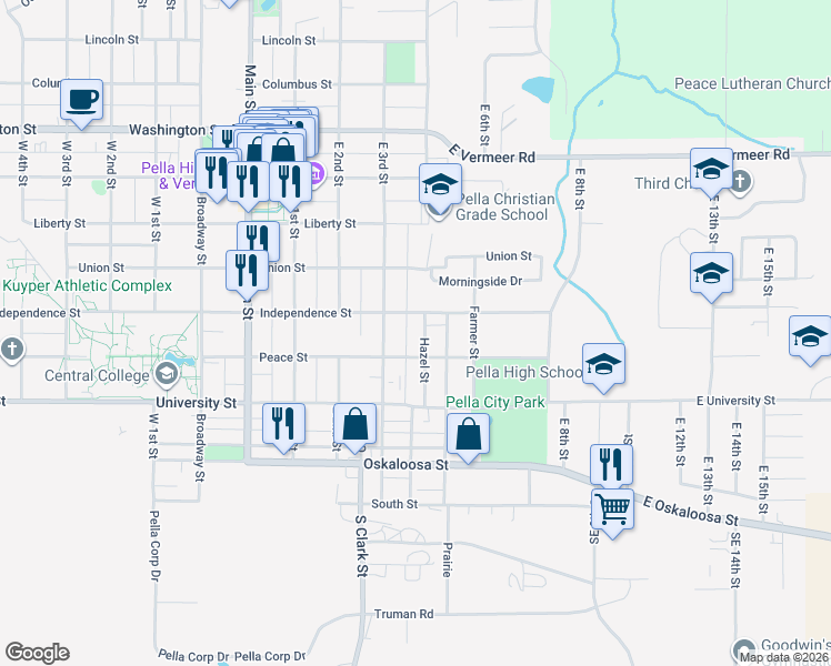 map of restaurants, bars, coffee shops, grocery stores, and more near 401 Hazel Street in Pella