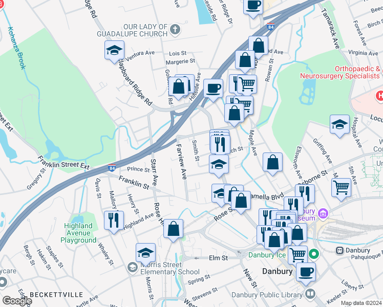 map of restaurants, bars, coffee shops, grocery stores, and more near 6 Smith Street in Danbury
