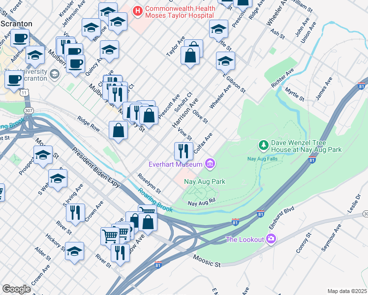 map of restaurants, bars, coffee shops, grocery stores, and more near 1719-1721 Mulberry Street in Scranton