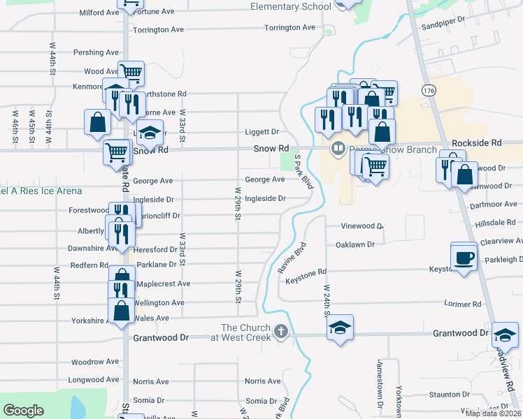 map of restaurants, bars, coffee shops, grocery stores, and more near 2716 Commonwealth Drive in Parma