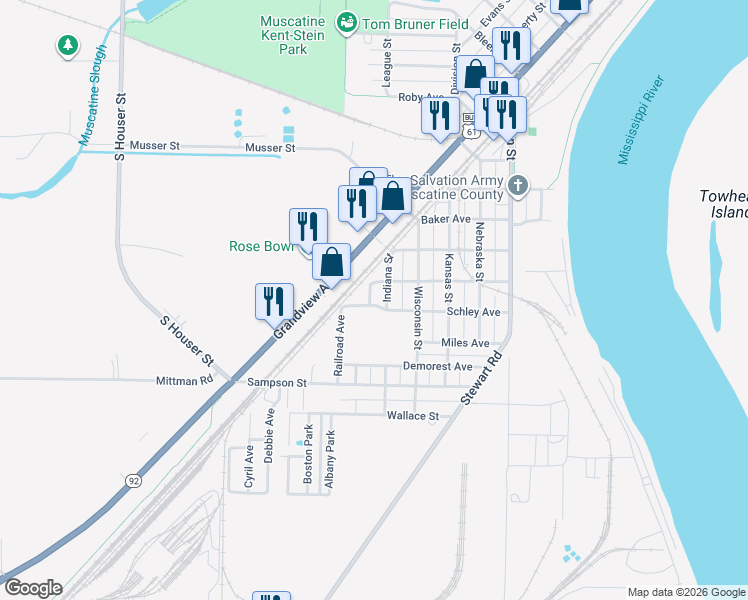 map of restaurants, bars, coffee shops, grocery stores, and more near 2118 Schley Avenue in Muscatine