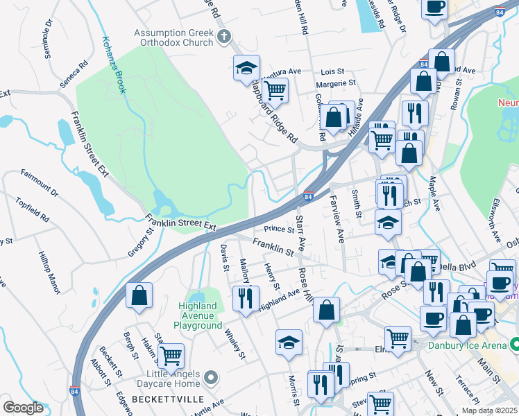 map of restaurants, bars, coffee shops, grocery stores, and more near 17 Kohanza Street in Danbury
