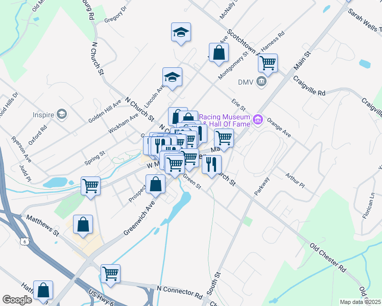 map of restaurants, bars, coffee shops, grocery stores, and more near 16 West Main Street in Goshen