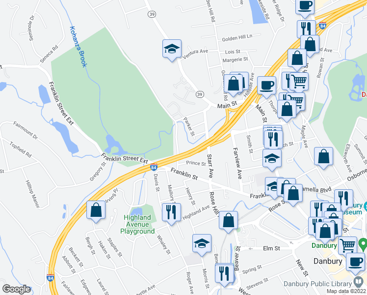map of restaurants, bars, coffee shops, grocery stores, and more near 71 Kohanza Street in Danbury