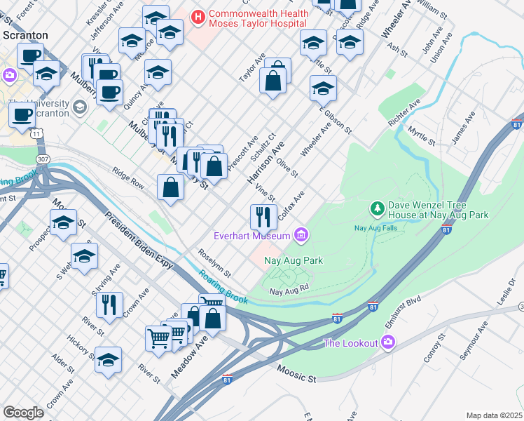 map of restaurants, bars, coffee shops, grocery stores, and more near 445 Wheeler Avenue in Scranton