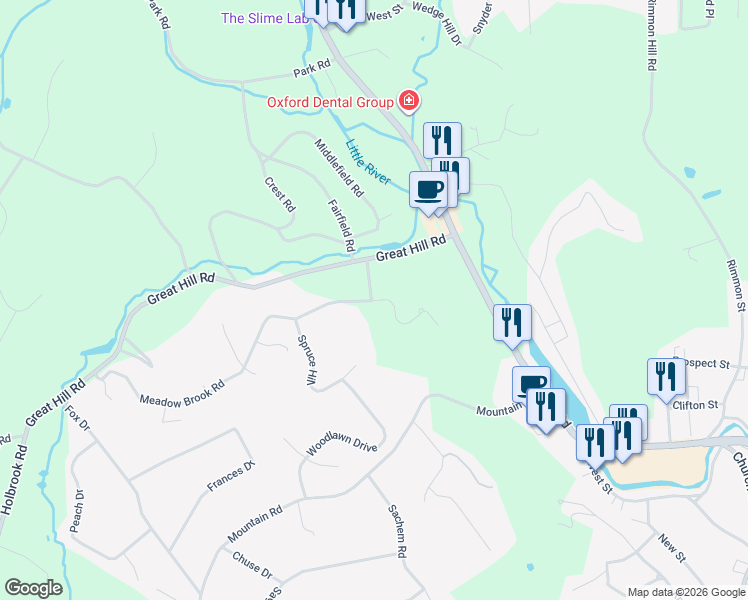 map of restaurants, bars, coffee shops, grocery stores, and more near 1-35 Great Hill Road in Oxford