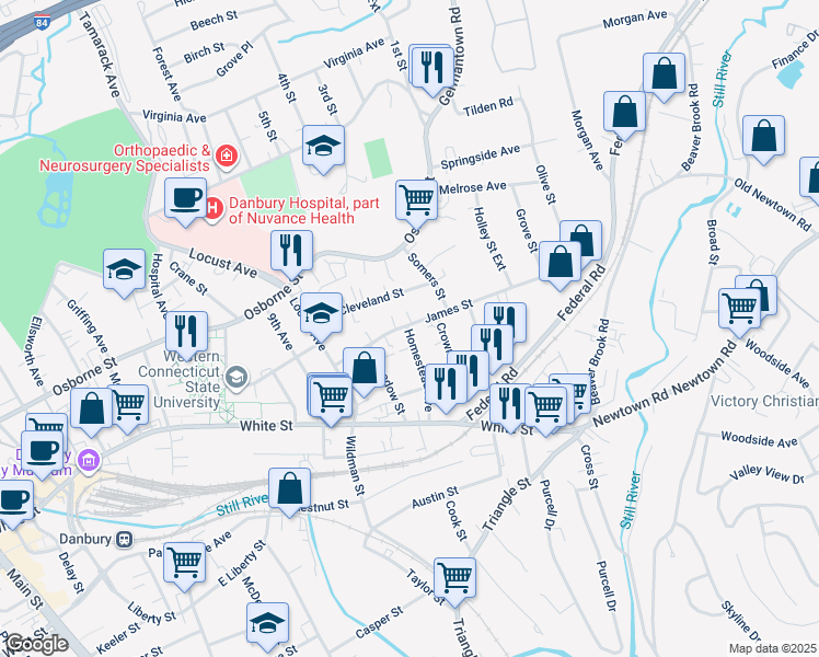 map of restaurants, bars, coffee shops, grocery stores, and more near 41 James Street in Danbury