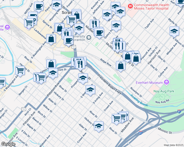 map of restaurants, bars, coffee shops, grocery stores, and more near Central Scranton Expy in Scranton