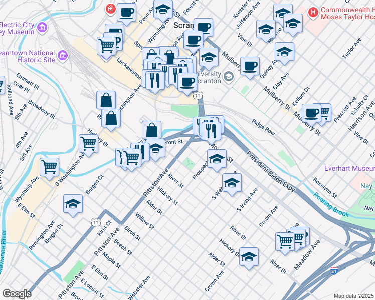 map of restaurants, bars, coffee shops, grocery stores, and more near 202 U.S. 11 in Scranton