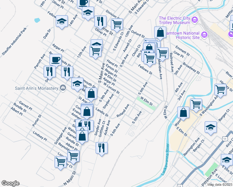 map of restaurants, bars, coffee shops, grocery stores, and more near 730 West Locust Street in Scranton
