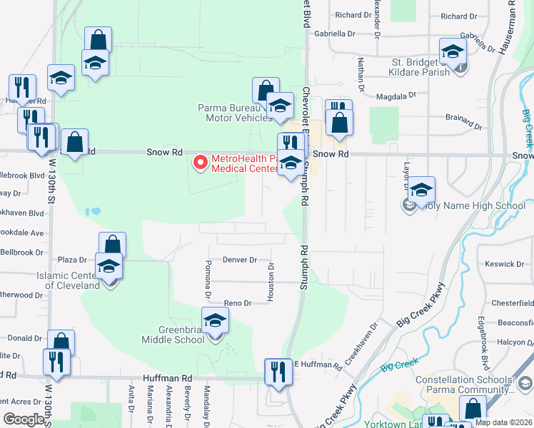 map of restaurants, bars, coffee shops, grocery stores, and more near 37 Snow Road in Parma