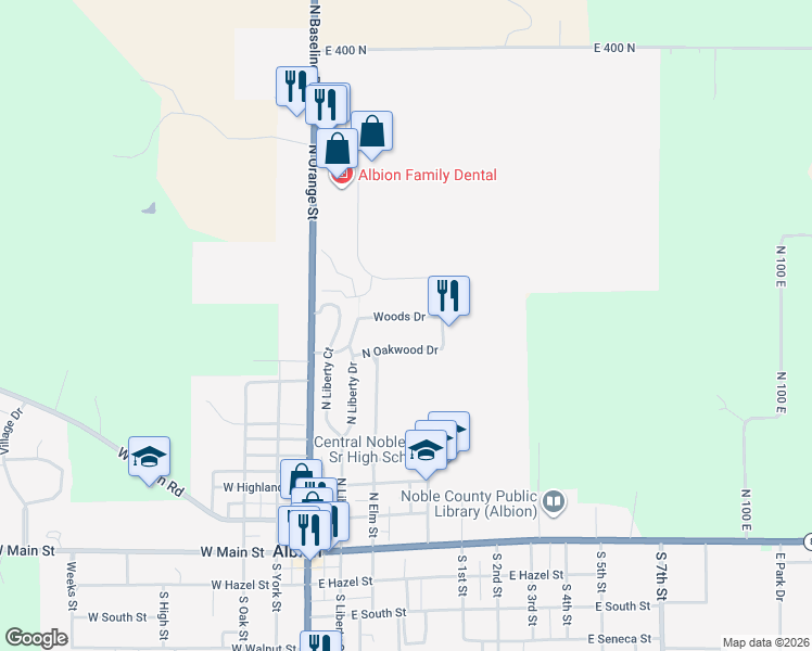 map of restaurants, bars, coffee shops, grocery stores, and more near 303 Woods Dr in Albion