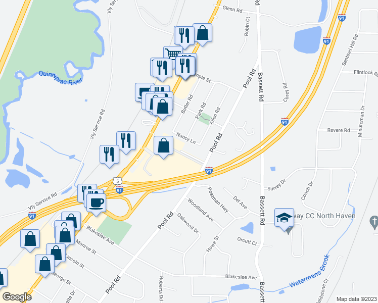 map of restaurants, bars, coffee shops, grocery stores, and more near 37 Fairlawn Drive in North Haven