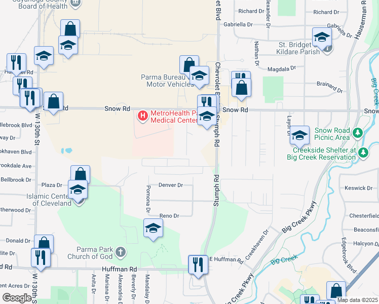 map of restaurants, bars, coffee shops, grocery stores, and more near 37 Snow Road in Parma