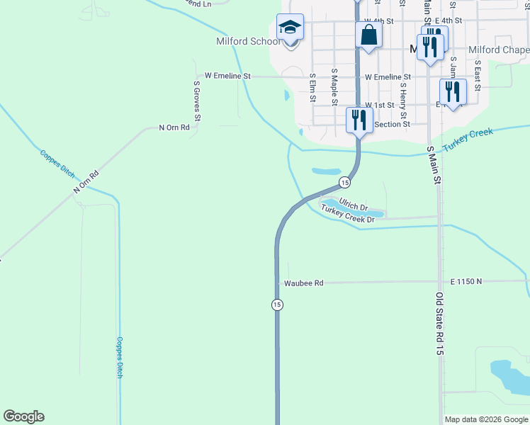 map of restaurants, bars, coffee shops, grocery stores, and more near 11693 Indiana 15 in Milford