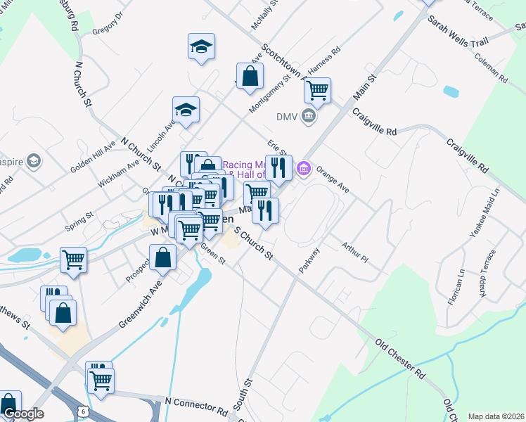 map of restaurants, bars, coffee shops, grocery stores, and more near 124 Main Street in Goshen