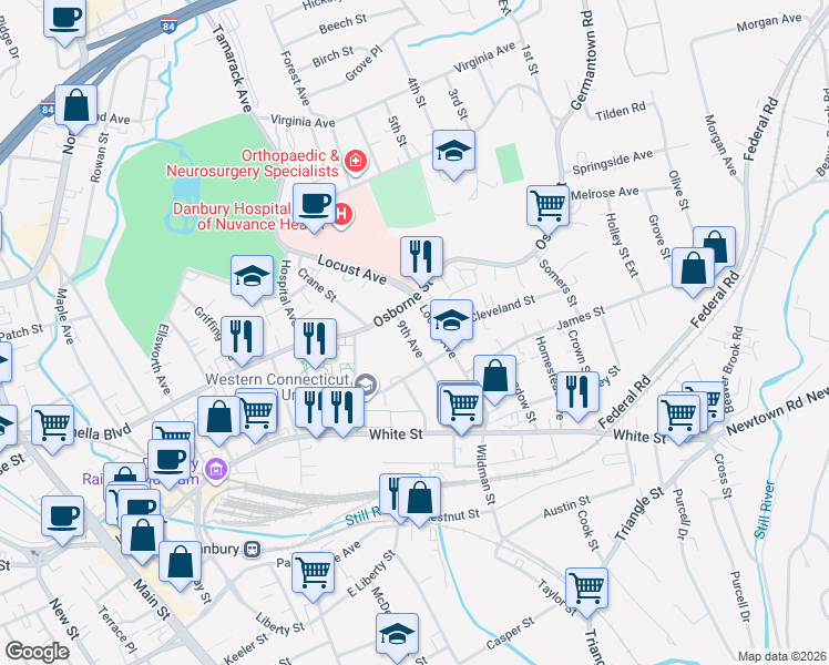 map of restaurants, bars, coffee shops, grocery stores, and more near 100 Osborne Street in Danbury