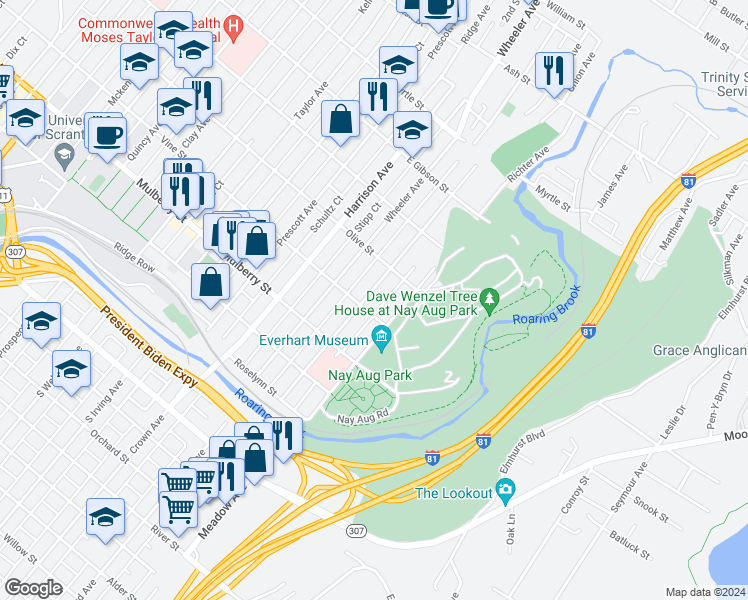 map of restaurants, bars, coffee shops, grocery stores, and more near 519 Colfax Avenue in Scranton