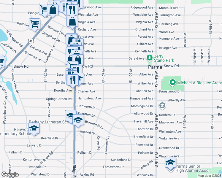 map of restaurants, bars, coffee shops, grocery stores, and more near 6409 Wilber Avenue in Parma