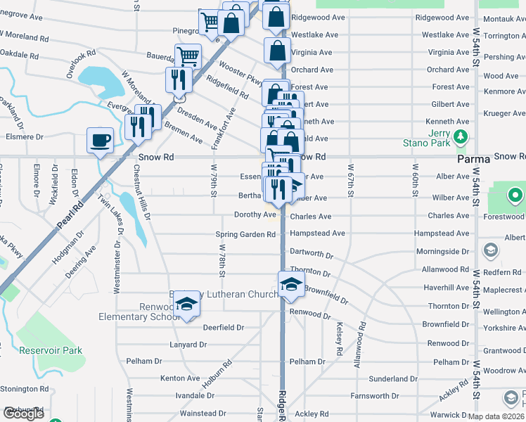 map of restaurants, bars, coffee shops, grocery stores, and more near 7515 Bertha Avenue in Parma