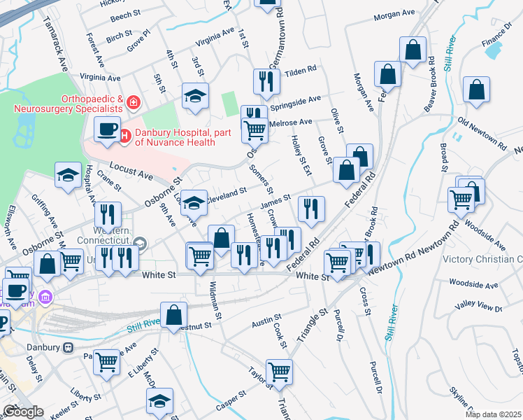 map of restaurants, bars, coffee shops, grocery stores, and more near 34 James Street in Danbury