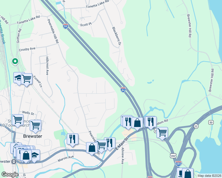 map of restaurants, bars, coffee shops, grocery stores, and more near 52 South Road in Brewster