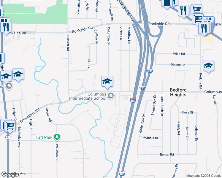 map of restaurants, bars, coffee shops, grocery stores, and more near 23781 Columbus Road in Bedford Heights