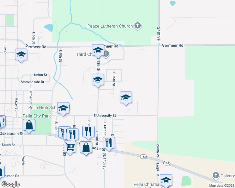 map of restaurants, bars, coffee shops, grocery stores, and more near 410 East 15th Street in Pella
