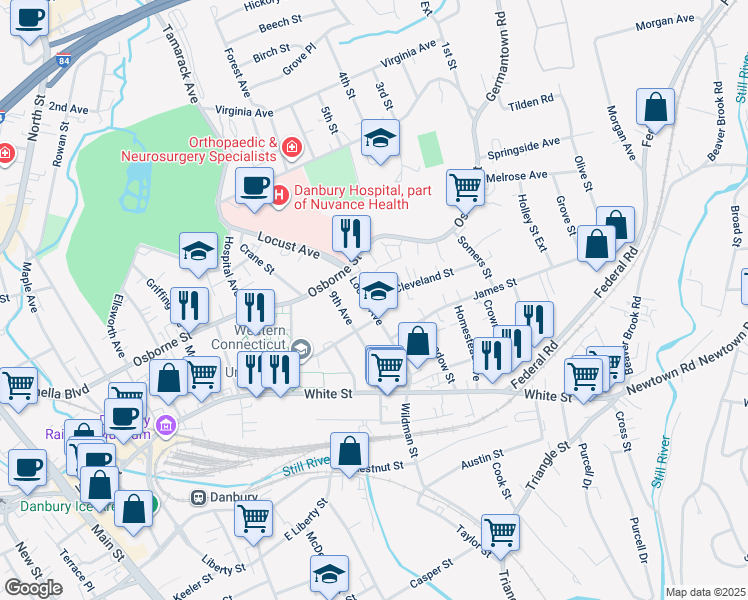 map of restaurants, bars, coffee shops, grocery stores, and more near 37 Locust Avenue in Danbury