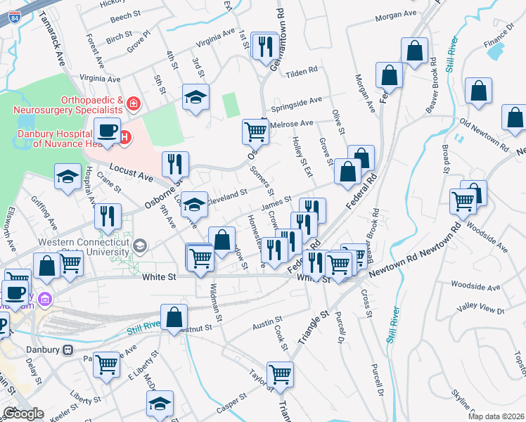 map of restaurants, bars, coffee shops, grocery stores, and more near 41 James Street in Danbury