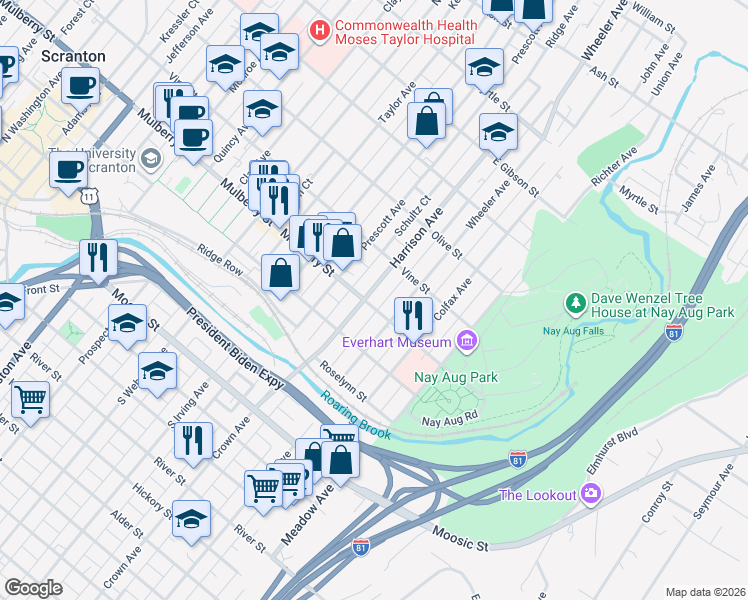 map of restaurants, bars, coffee shops, grocery stores, and more near 414 Harrison Avenue in Scranton