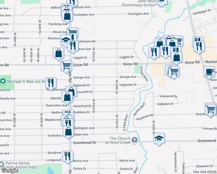 map of restaurants, bars, coffee shops, grocery stores, and more near 3010 Ingleside Drive in Parma