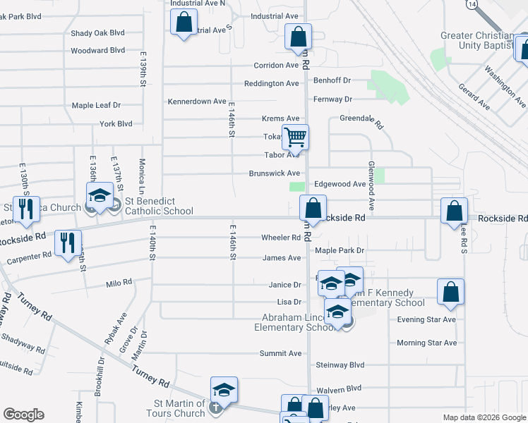 map of restaurants, bars, coffee shops, grocery stores, and more near 5740 Lawn Avenue in Maple Heights