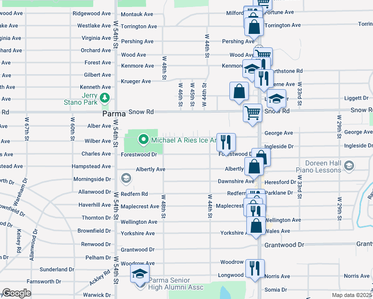 map of restaurants, bars, coffee shops, grocery stores, and more near 4523 Sheraton Drive in Parma