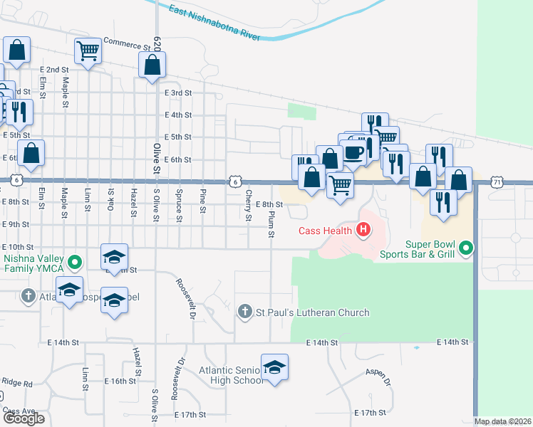 map of restaurants, bars, coffee shops, grocery stores, and more near 710 Plum Street in Atlantic