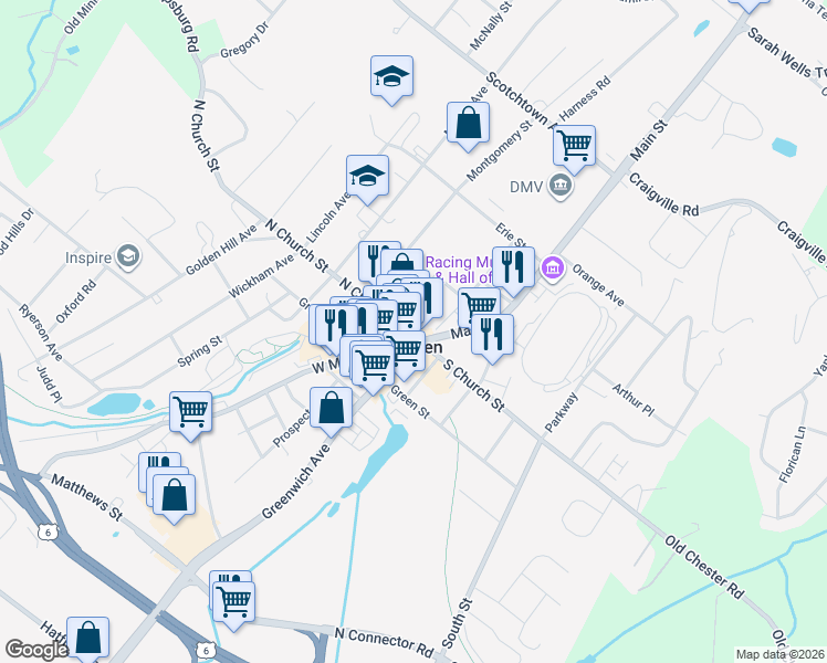 map of restaurants, bars, coffee shops, grocery stores, and more near 110 North Church Street in Goshen